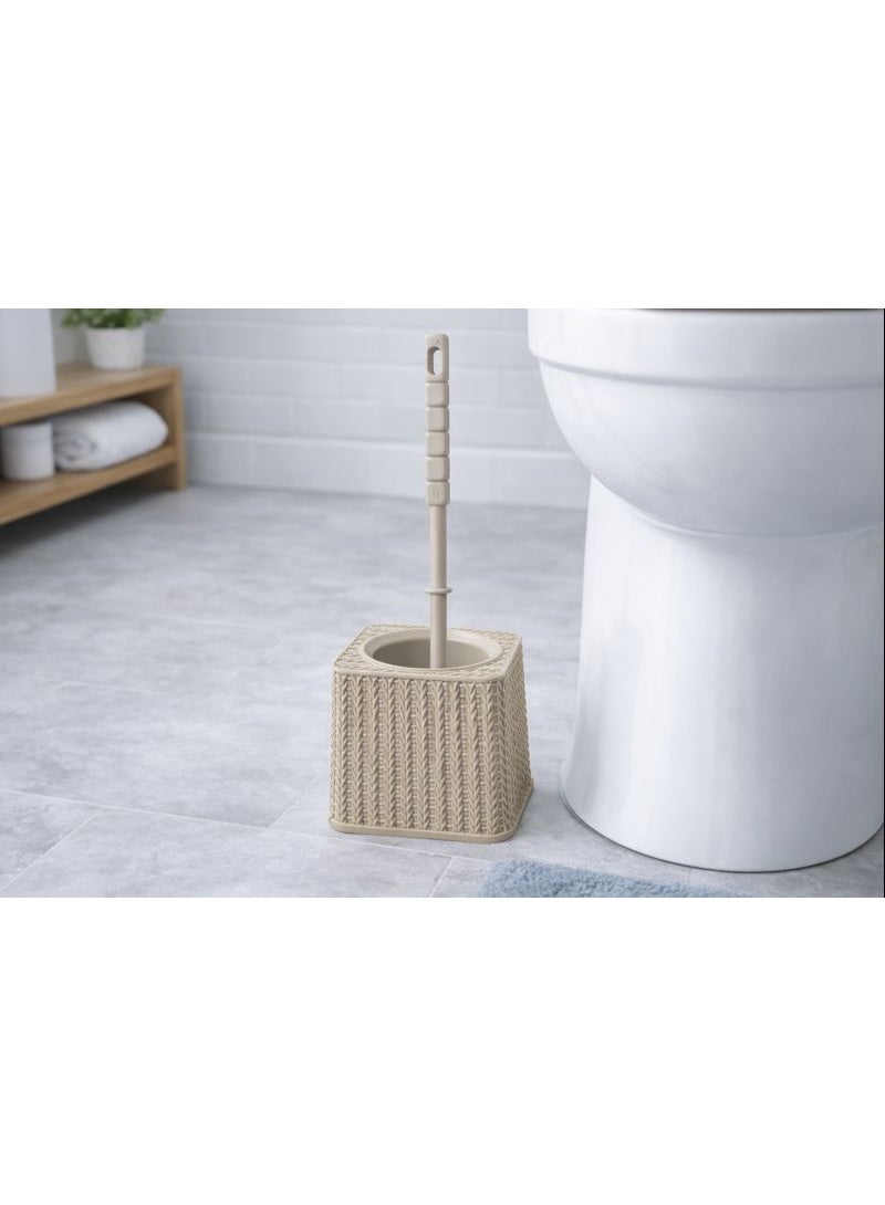 Toilet Brush & Holder Set with Square Base - Modern Woven/Knit Design - Deep Cleaning Bristles - Beige / Cream - Image 3